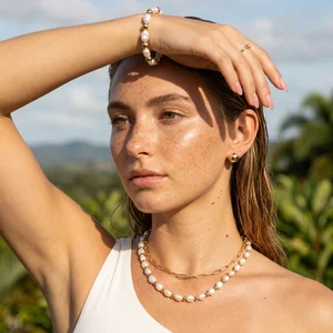 Elegant pearl jewelry on model