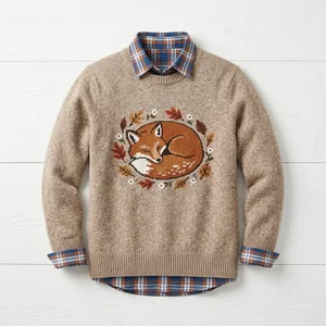 Cozy fox sweater and plaid shirt