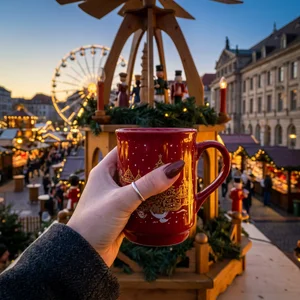 Handholding festive Christmas market mug