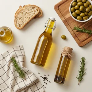 Rustic olive oil flat lay