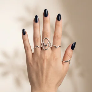 Modern silver rings on model hand