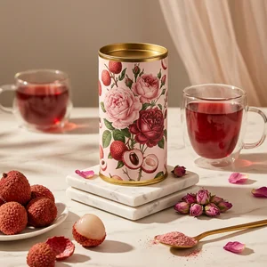 Rose and lychee tea tin setup