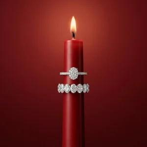Diamond rings on a lit red candle
