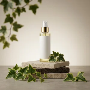 Natural skincare on stone podium