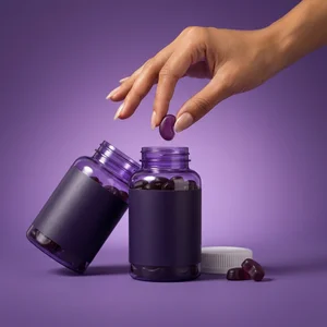 Purple gummy supplements with hand