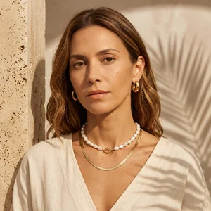 Luxury gold & pearl necklaces on model