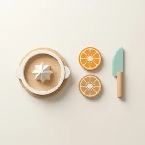 Wooden toy juicer set flat lay