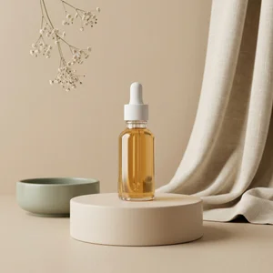 Minimalist serum on beige podium