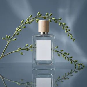 Botanical perfume on reflective blue