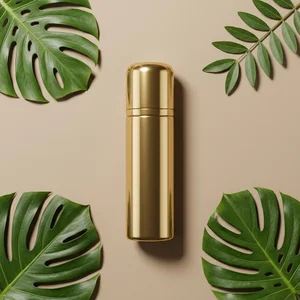 Gold bottle with tropical leaves