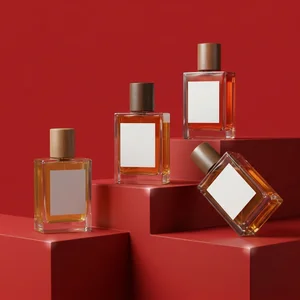 Modern perfume bottles on coral podiums