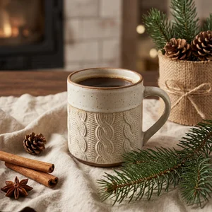Cozy winter cable-knit mug scene