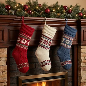 Festive knitted stockings on mantel
