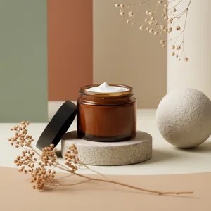 Natural skincare on stone pedestal