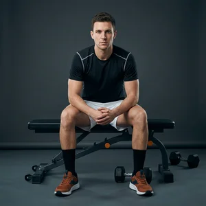 Man sitting on weight bench
