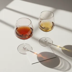 Elegant wine glasses with long shadows
