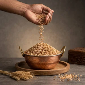 Rustic copper pot with wheat