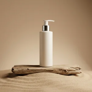 Natural skincare on driftwood and sand