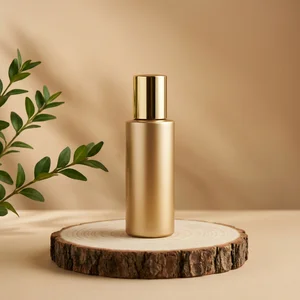 Natural gold bottle on wood slice