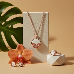 Floral pendant on tropical leaf