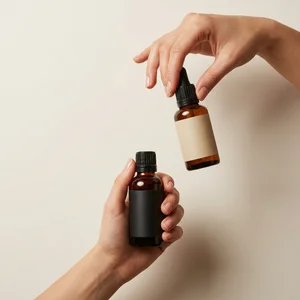 Hands holding amber bottles