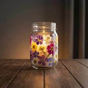 Floral candle jar on rustic wood