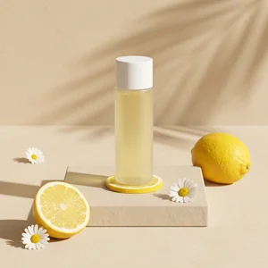 Fresh lemon skincare on pedestal