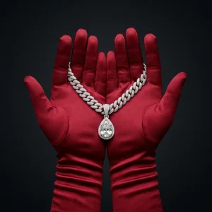 Luxury diamond necklace in velvet gloves