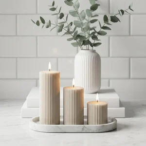 Modern ribbed candles on marble