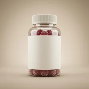 Red gummies in clear jar