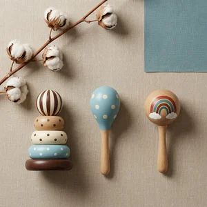 Natural wooden baby toys flat lay