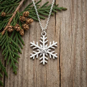 Silver snowflake on rustic wood
