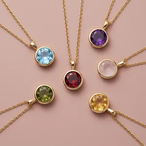 Colorful gemstone necklaces on pink