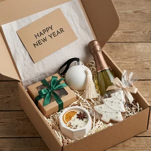 Festive New Year gift box on wood