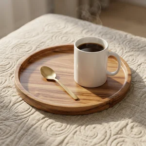 Cozy morning coffee on wooden tray