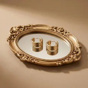 Vintage gold jewelry on mirror tray