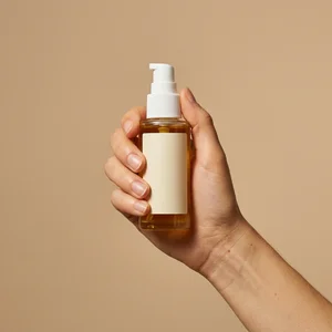 Hand holding serum bottle with shadow
