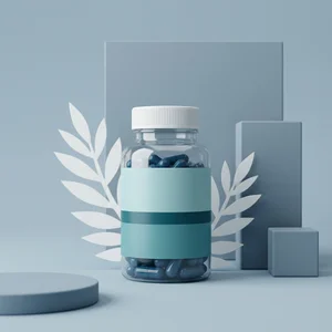 Modern supplement bottle on blue