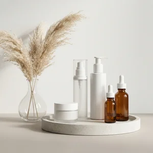 Minimalist skincare on beige tray