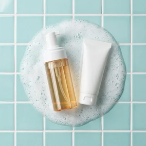 Fresh skincare duo on blue tile