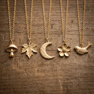 Nature-themed gold necklaces on wood