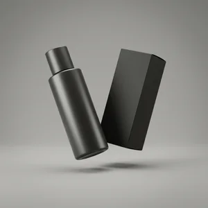 Floating black bottle and box