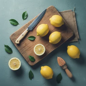 Zesty lemons on wooden board