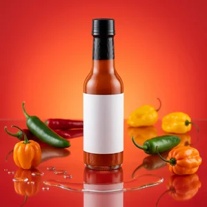 Vibrant hot sauce on reflective glass