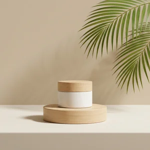 Natural skincare on wooden podium