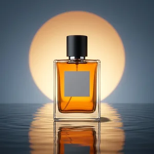 Perfume bottle on water at sunset