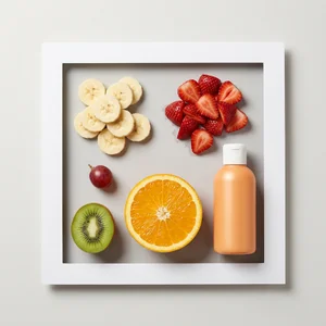Fresh fruit and skincare flat-lay