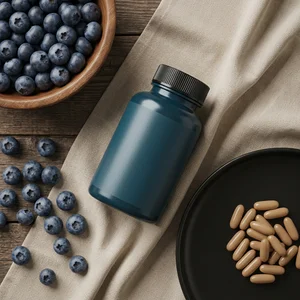 Natural blueberry supplement flat-lay