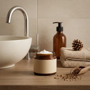 Natural bathroom skincare scene