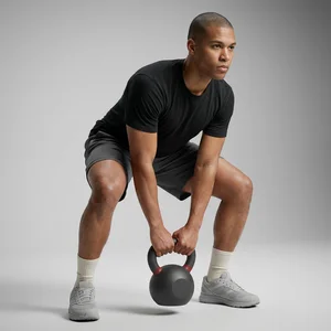 Man lifting kettlebell in studio